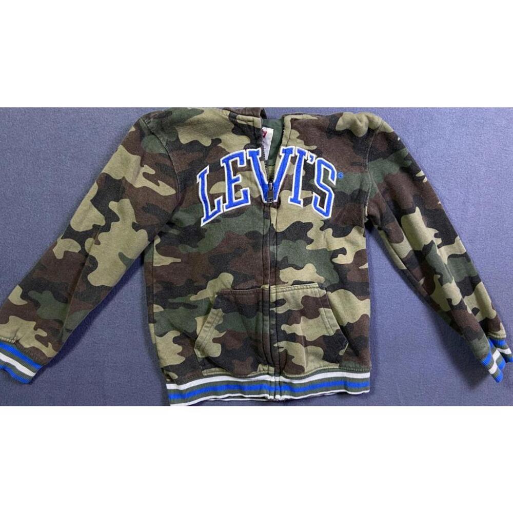 Levi's Spellout Jacket Big Boys Large 7 Camo Fleece Full-Zip Hoodie Striped Trim